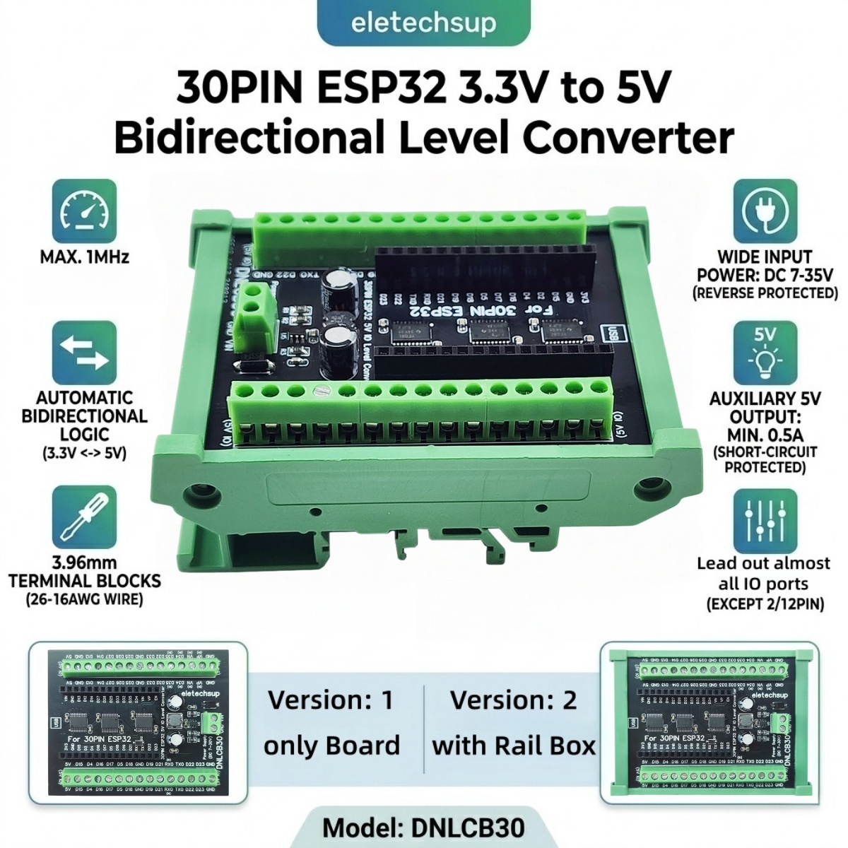 Level Shifter 3.3V - Adapter na szynę DIN ESP32 30P,